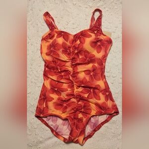 Le Cove One Piece Coral and Orange Hibiscus Print Floral Swimsuit sz 16 NWT